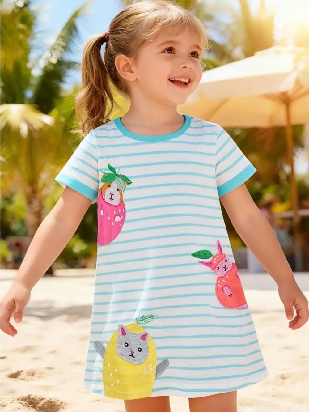 NWT Mini Boden Kid’s Appliquéd Animals in Fruit Striped Cotton Dress Size 9-10 Y